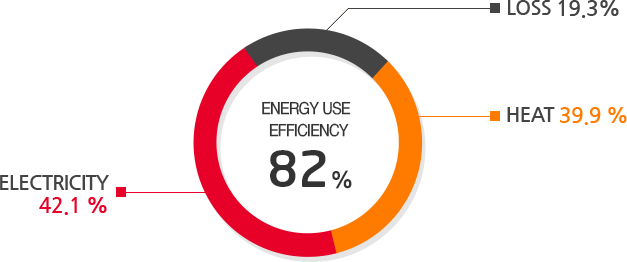 Energy Use efficiency 82%, Fuel Energy 100%, Electricity 42.1%, Heat 39.9%, Loss 19.3%