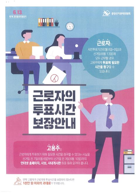 근로자의 투표시간 보장안내 근로자는 사전투표기간(6월8일 ~ 9일)과 선거일(13일)에 모두 근무할 경우 고용주에게 투표에 필요한 시간을 청구할 수있습니다. 고용주는 근로자에게 투표하기위해 필요한 시간을 청구할 수 있다는 사실을 선거일 전 7일(6월6일)부터 선거일 전 3일(6월 10일)까지 인터넷 홈페이지, 사보, 사내게시판 등을 통해 알려야합니다.