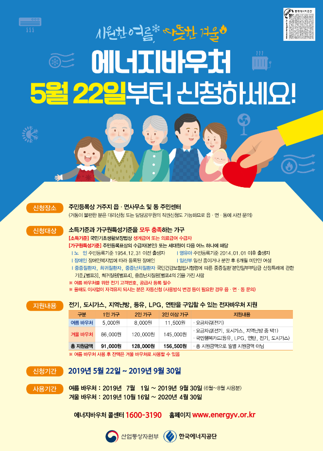시원한 여름,따뜻한 겨울 에너지바우처 5월 22일부터 신청하세요! 신청장소: 주민등록상 거주지 읍,면사무소 및 동 주민센터 (거동이 불편한 분은 대리신청 또는 담당공무원의 직권신청도 가능하므로 읍면동에 사전 문의)신청대상 :소득기준과 가구원특성기준을 모두 충족하는 가구 소득기준: 국민기초생활보정법상 생계급여 또는 의료급여 수급자 가구원특성기준 : 수급자(본인) 또는 세대원이 다음 어느하나에 해당 * 주민등록표상 세대기준 -노인(주민등록기준 1954.12.31 이전 출생자) - 영유아(주민등록기준 2014.01.01 이후 출생자) - 장애인(장애인복지법에 따라 등록된 장애인) - 임산부(임신 중이거나 분만 후 6개월 미만인 여성) - 중증질환자, 희귀질환자, 중증난치질환자(국민건강보험법시행령에 따른 중증질환(본인일부부담금 신청 특례에 관한 기준(별표3), 희귀질환(별표4), 중증난치질환(별표4의2)을 가진사람) * 여름바우처를 위한 전기고객번호, 공급사 등록 필수  * 올해도 이사없이 자격유지 되시는 분은 자동신청(사용방식 변경 등이 필요한 경우 읍면동에 문의)) 지원내용 : 전기,도시가스,지역난방,등유,LPG,연탄을 구입할 수 있는 전자바우처 지원 여름 바우처 : 1인가구 5000원 2인가구 8000원 3인 이상 가구 11500원 - 요금차감(전기) 겨울 바우처 : 1인가구 88000원 2인가구 120000원 3인 이상 가구 145000원 - 요금차감(전기,도시가스,지역난방 중 택 1) - 국민행복카드(등유,LPG,연탄,전기,도시가스) 총 지원금액 : 1인가구 91000원 2인가구 128000원 3인 이상 가구 158500원 총지원금액으로 월별 지원금액 아님 * 여름 바우처 사용 후 잔액은 겨울 바우처로 사용할 수 있음 신청기간 : 2019년 5월 22일~ 2019년 9월 30일 사용기간 : 여름바우처 : 2019년 7월1일 ~ 2019년 9월 30일(6월~8월 사용분) 겨울바우처: 2019년 10월 16일 ~ 2020년 4월 30일 에너지바우처콜센터 : 1600-3190 홈페이지: www.energyv.or.kr