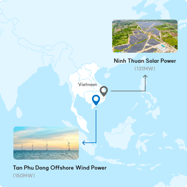 Ninh Thuan 태양광 발전소(131MW), Tan Phu Dong 해상풍력 발전소(150MW) 위치표시